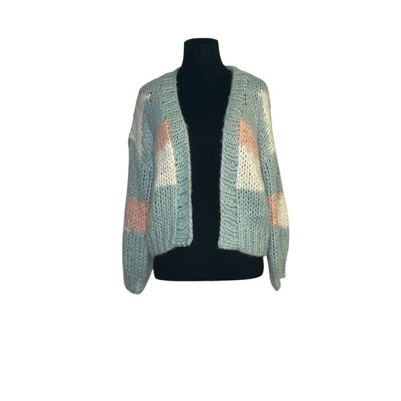 VRG GRL aqua pink patchwork long sleeves open front chunky cardigan size M/L - Picture 14 of 15
